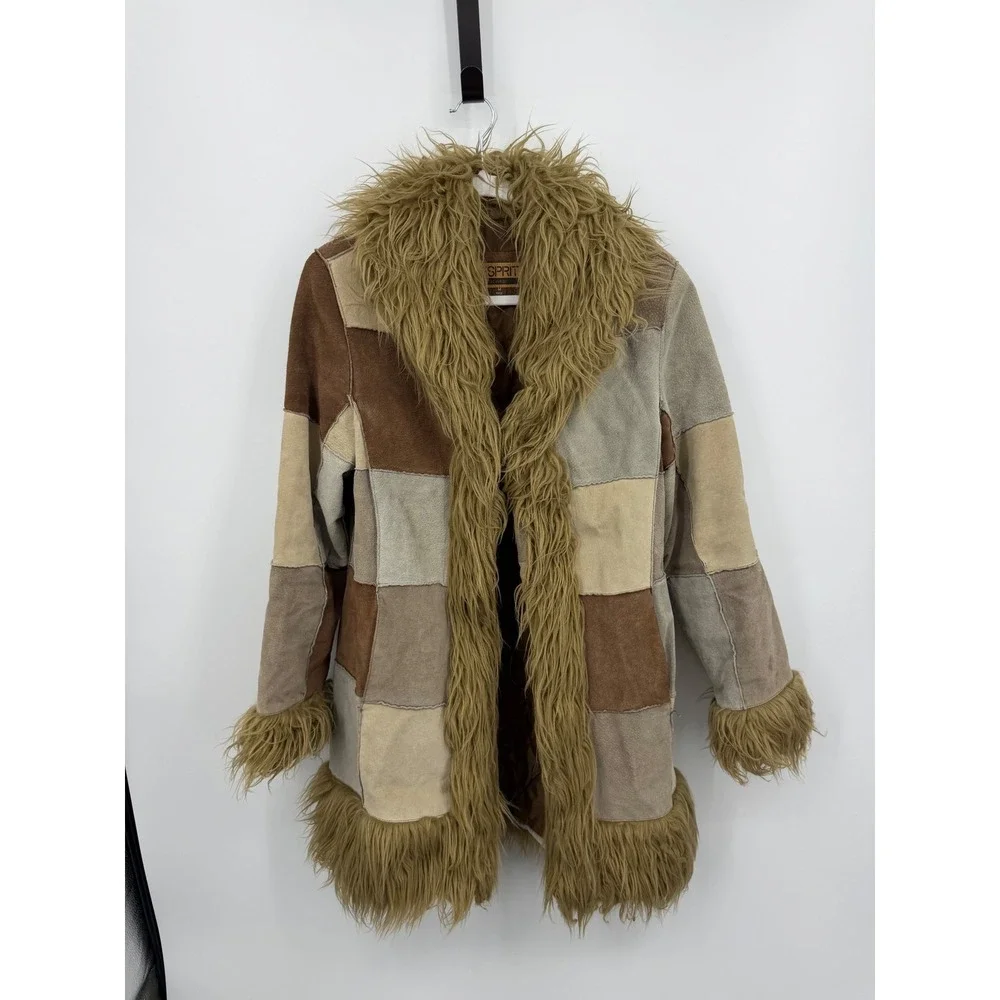 Esprit Patchwork Suede Faux Fur Trim Coat Womens Medium Brown Boho Penny Lane